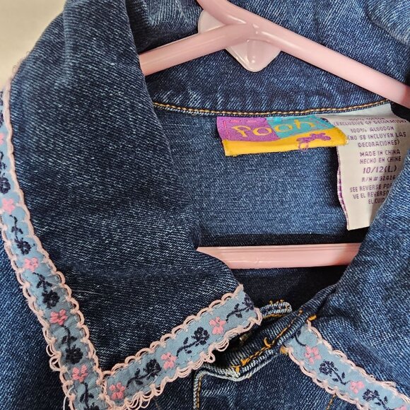 Y2K Vintage Disney Kids Girls Large Denim Jacket Winnie The Pooh Floral Trim - Picture 6 of 6